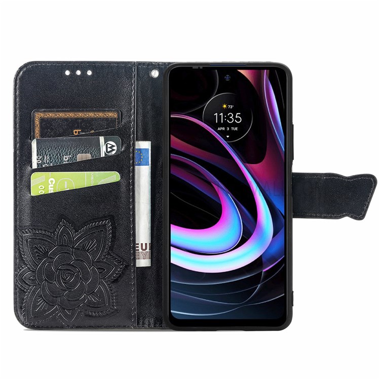 PU Leather Butterfly Flower Pattern Imprinted Wallet Stand Flip Phone Cover with Wrist Strap for Motorola Edge (2021) - Black-6