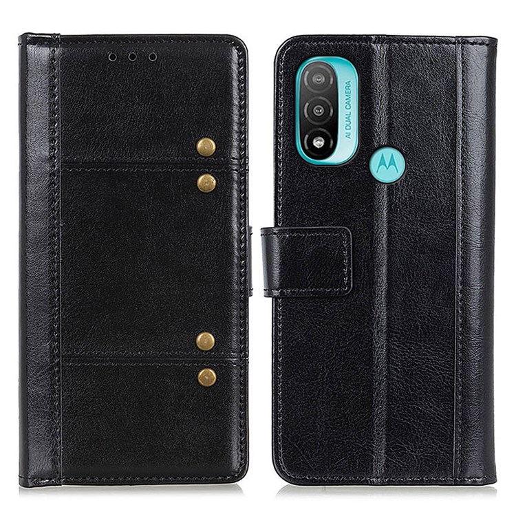 Hands-Free Stand Crazy Horse Texture PU Leather Wallet Rivet Decor Protective Phone Case for Motorola Moto E20 / E30 / E40 - Black-1