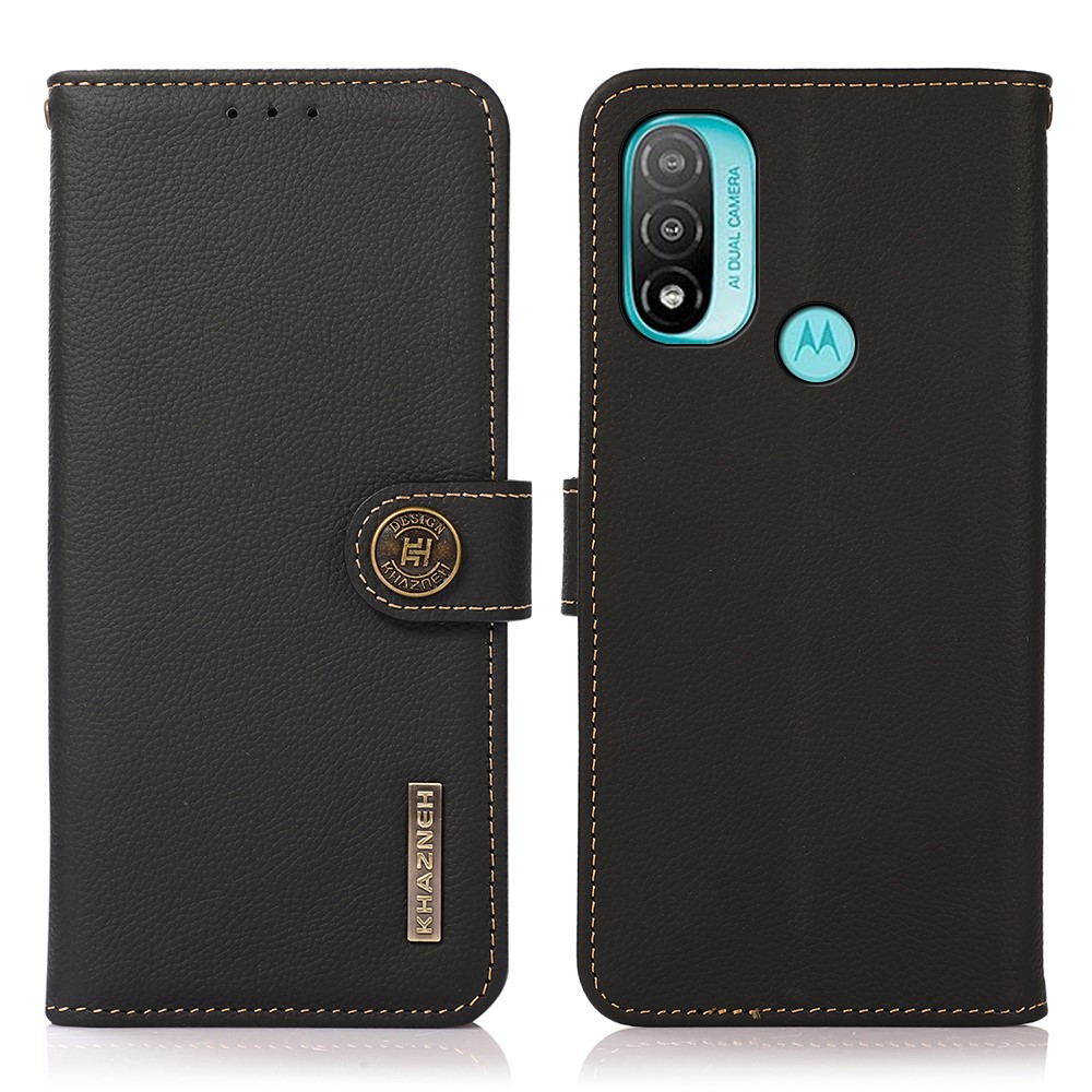 KHAZNEH Magnetic Closure Anti-scratch Top Layer Genuine Leather RFID Blocking Wallet Case with Stand for Motorola Moto E20/E30/E40 - Black-1