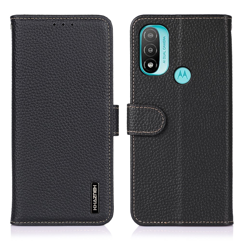 KHAZNEH Litchi Texture Well-protected Scratch-resistant Top Layer Genuine Leather Stand Wallet Phone Cover for Motorola Moto E20/E30/E40 - Black-1
