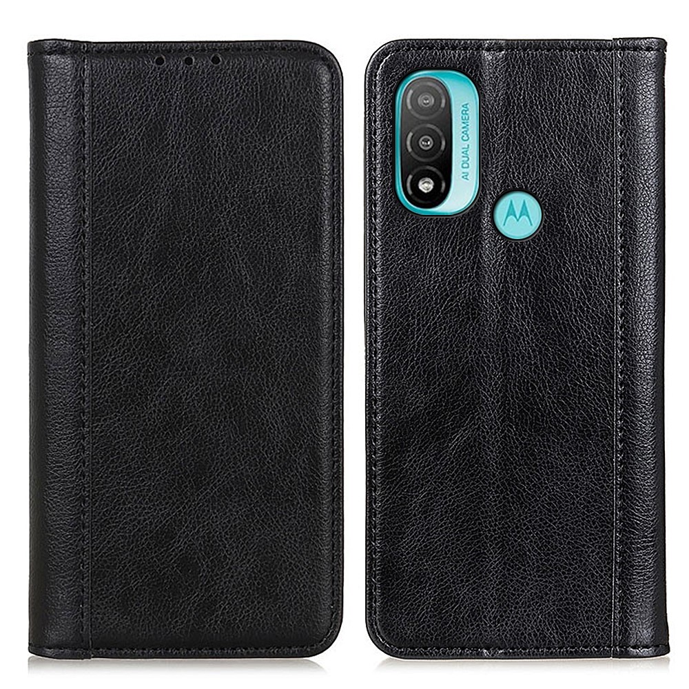 Litchi Texture Split Leather Wallet Stand Magnetic Absorption Flip Protective Cover for Motorola Moto E20 / E30 / E40 - Black-1