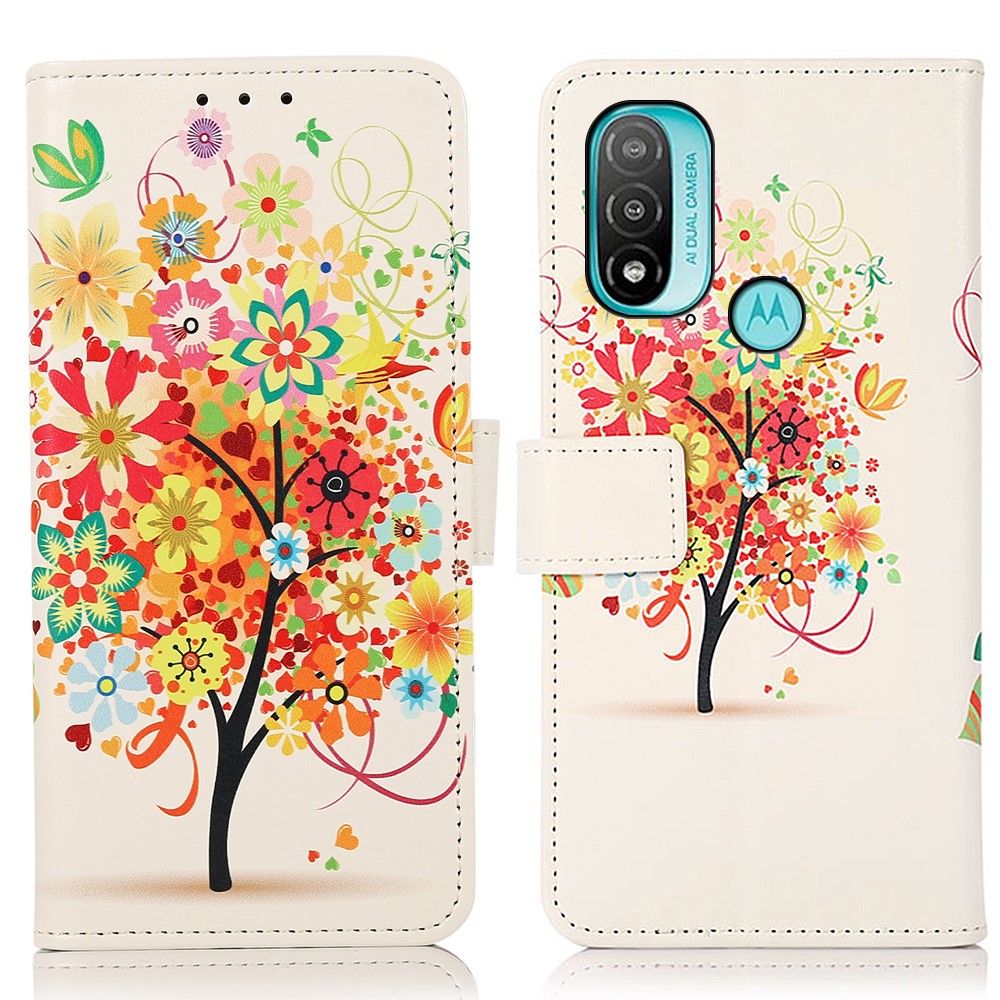 Full Protection Pattern Printing Design PU Leather Wallet Stand Magnetic Closure Case for Motorola Moto E20 / E30 / E40 - Blossom Tree-1