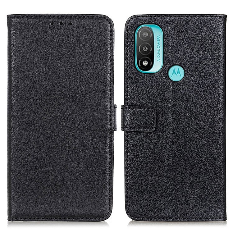 Litchi Texture PU Leather Wallet Stand Magnetic Folio Flip Shock-Absorption Phone Case for Motorola Moto E20 / E30 / E40 - Black-1