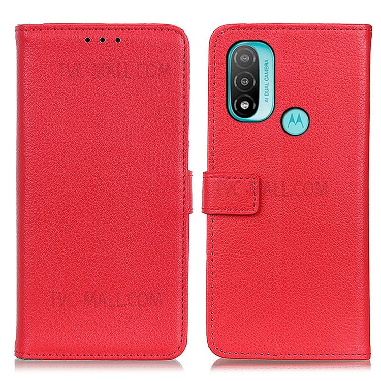 Litchi Texture PU Leather Wallet Stand Magnetic Folio Flip Shock-Absorption Phone Case for Motorola Moto E20 / E30 / E40 - Red-1