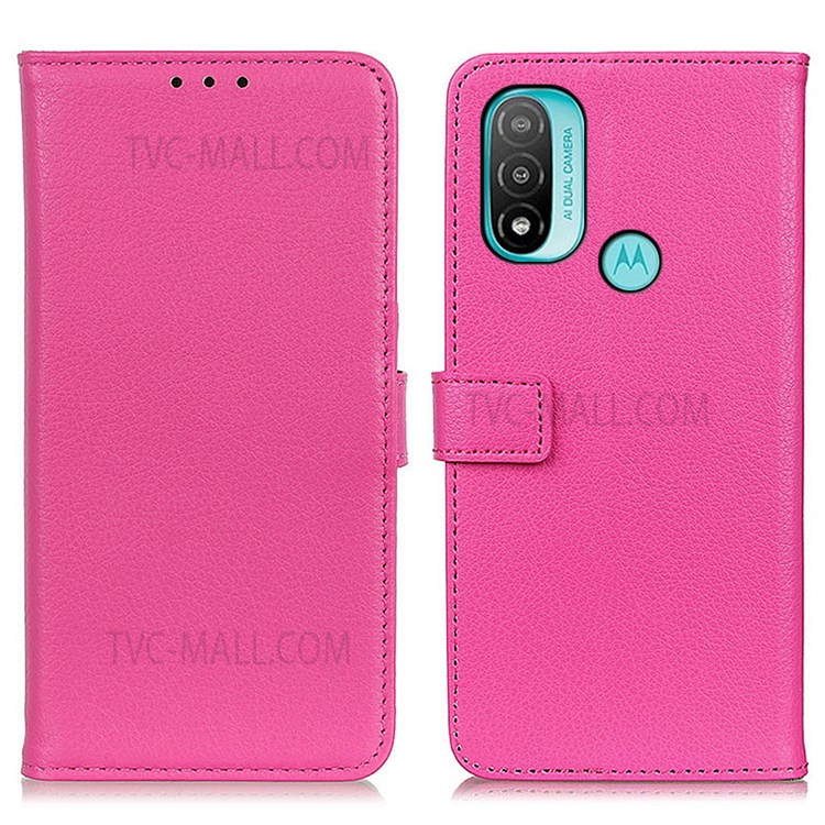 Litchi Texture PU Leather Wallet Stand Magnetic Folio Flip Shock-Absorption Phone Case for Motorola Moto E20 / E30 / E40 - Rose-1