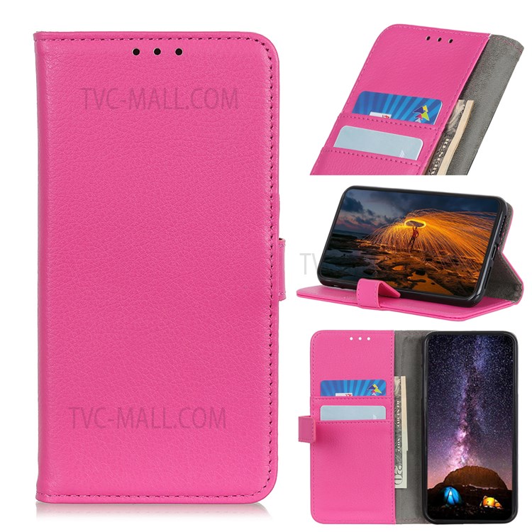 Litchi Texture PU Leather Wallet Stand Magnetic Folio Flip Shock-Absorption Phone Case for Motorola Moto E20 / E30 / E40 - Rose-11
