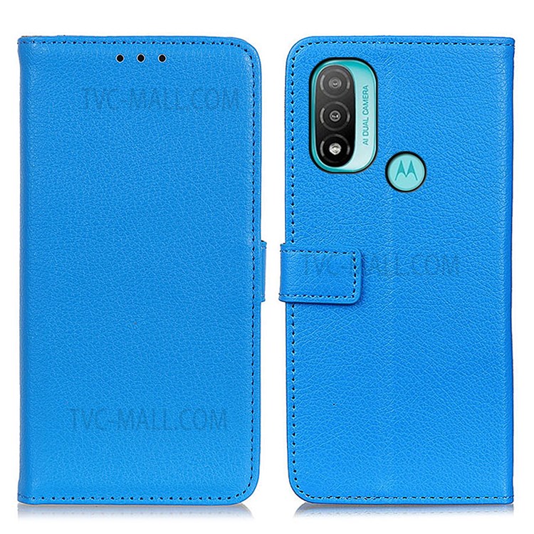 Litchi Texture PU Leather Wallet Stand Magnetic Folio Flip Shock-Absorption Phone Case for Motorola Moto E20 / E30 / E40 - Blue-1