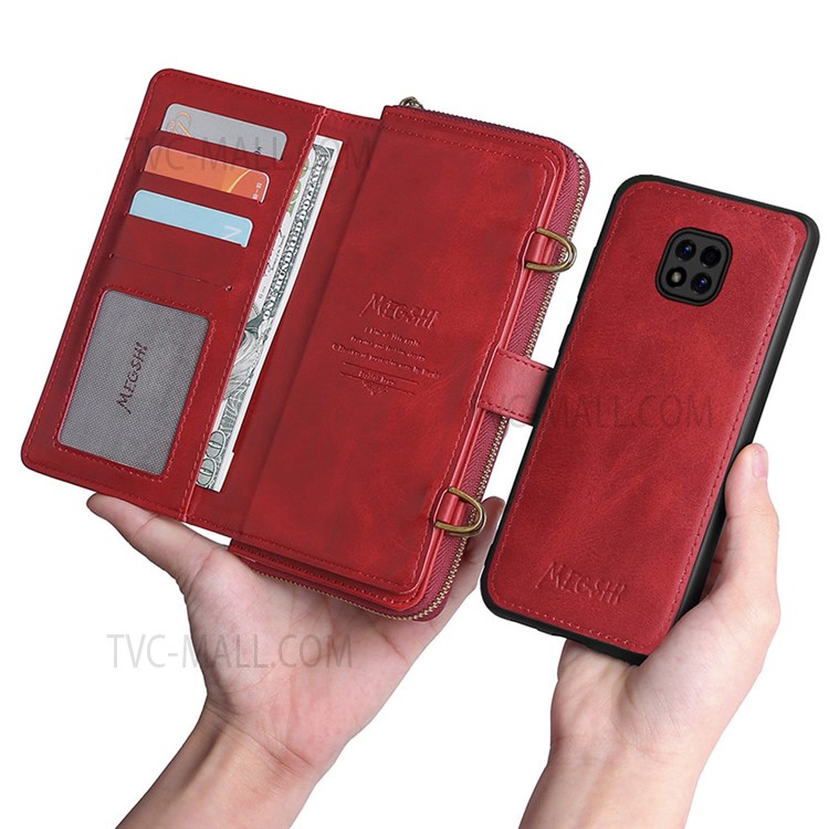 MEGSHI 020 Series Shoulder Strap Drop-proof Stylish Magnetic Wallet Detachable Design PU Leather TPU Case with Stand for Motorola Moto G Power (2021) - Red-1