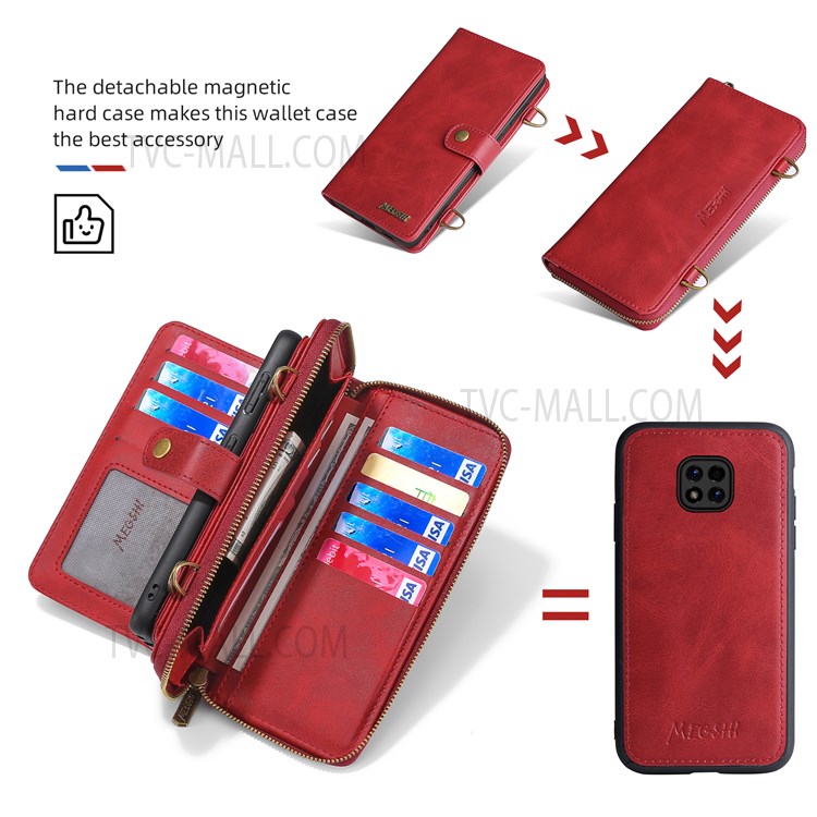 MEGSHI 020 Series Shoulder Strap Drop-proof Stylish Magnetic Wallet Detachable Design PU Leather TPU Case with Stand for Motorola Moto G Power (2021) - Red-10