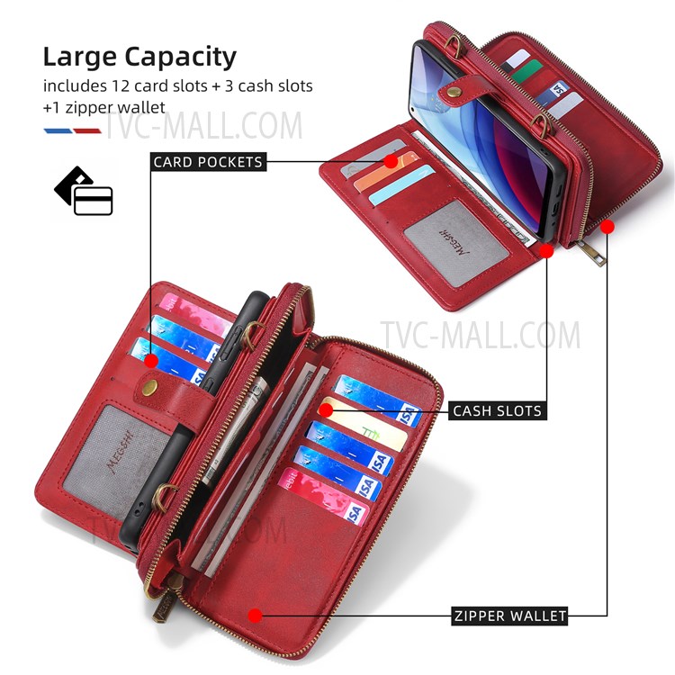 MEGSHI 020 Series Shoulder Strap Drop-proof Stylish Magnetic Wallet Detachable Design PU Leather TPU Case with Stand for Motorola Moto G Power (2021) - Red-5