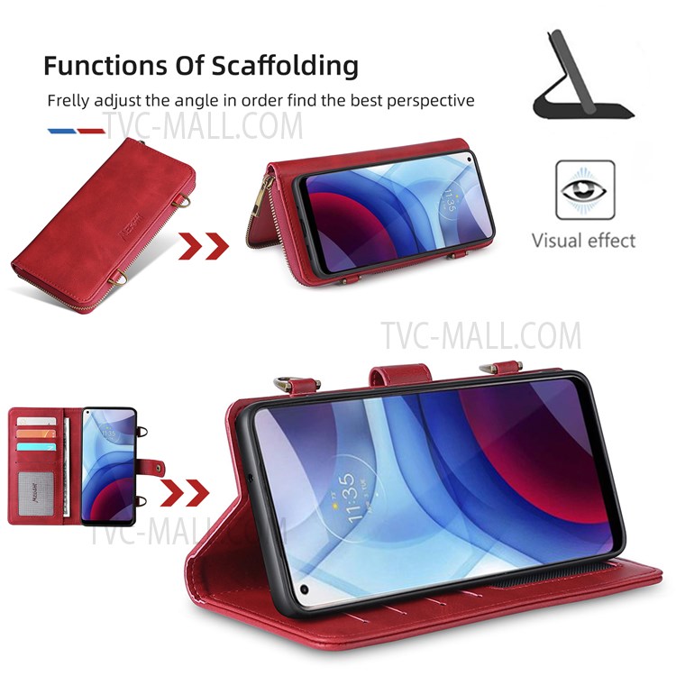 MEGSHI 020 Series Shoulder Strap Drop-proof Stylish Magnetic Wallet Detachable Design PU Leather TPU Case with Stand for Motorola Moto G Power (2021) - Red-6