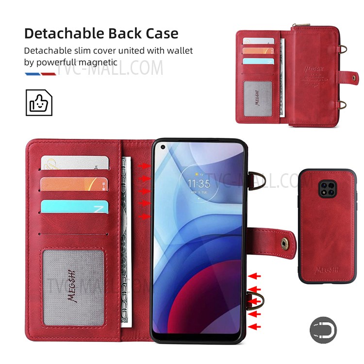 MEGSHI 020 Series Shoulder Strap Drop-proof Stylish Magnetic Wallet Detachable Design PU Leather TPU Case with Stand for Motorola Moto G Power (2021) - Red-7