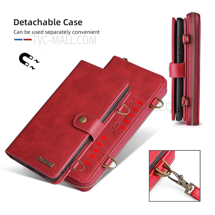 MEGSHI 020 Series Shoulder Strap Drop-proof Stylish Magnetic Wallet Detachable Design PU Leather TPU Case with Stand for Motorola Moto G Power (2021) - Red-8