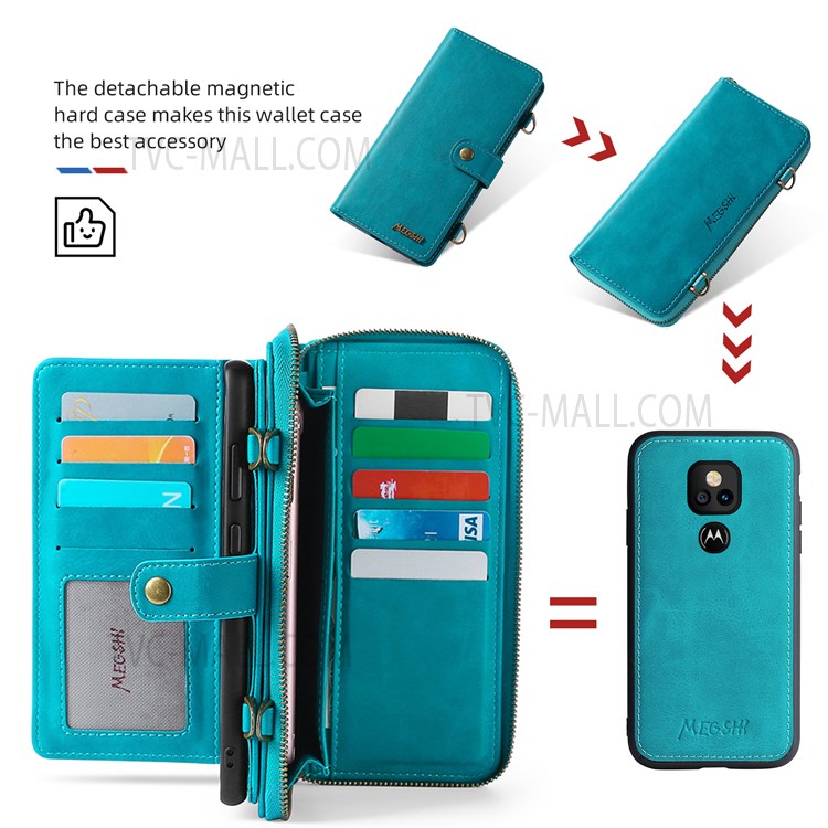 MEGSHI 020 Series Scratch-resistant Magnetic Detachable Design Shockproof PU Leather TPU Wallet Cover Shoulder Bag for Motorola Moto G Play (2021) - Blue-10