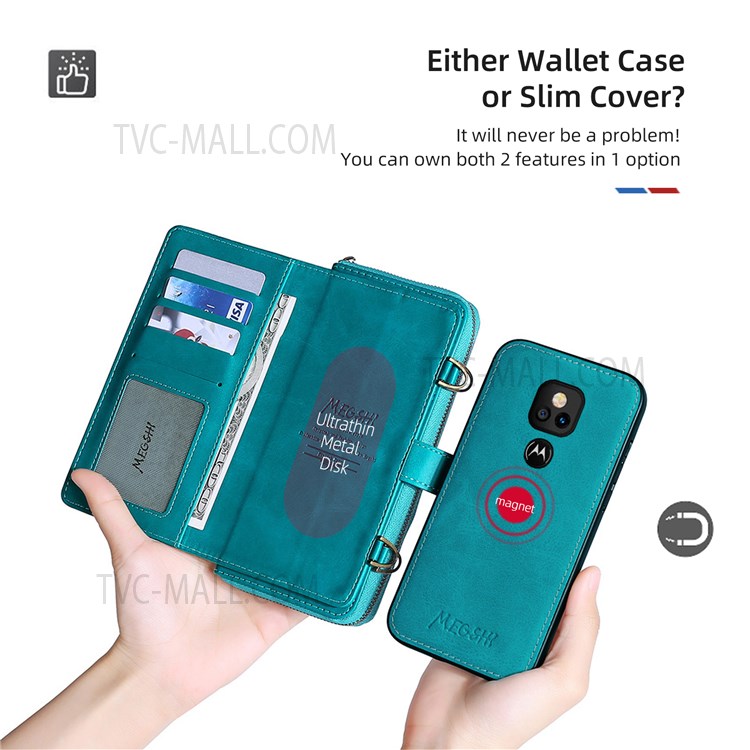 MEGSHI 020 Series Scratch-resistant Magnetic Detachable Design Shockproof PU Leather TPU Wallet Cover Shoulder Bag for Motorola Moto G Play (2021) - Blue-4
