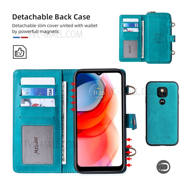 MEGSHI 020 Series Scratch-resistant Magnetic Detachable Design Shockproof PU Leather TPU Wallet Cover Shoulder Bag for Motorola Moto G Play (2021) - Blue-7