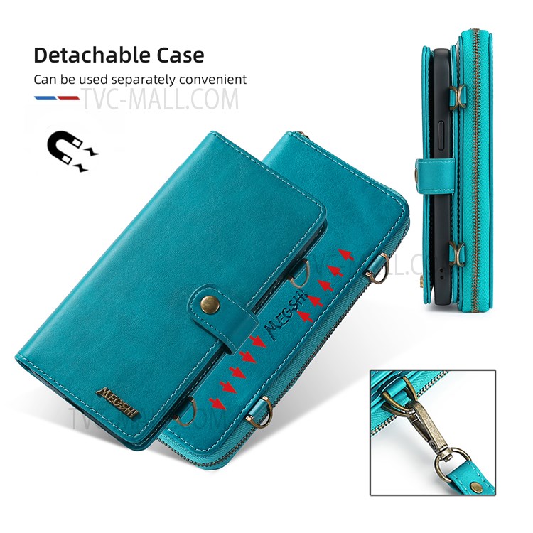 MEGSHI 020 Series Scratch-resistant Magnetic Detachable Design Shockproof PU Leather TPU Wallet Cover Shoulder Bag for Motorola Moto G Play (2021) - Blue-8
