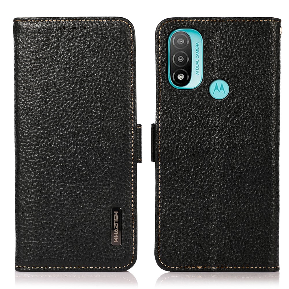KHAZNEH Double Magnetic Clasp Litchi Texture Wallet Stand Genuine Leather Case with RFID Blocking for Motorola Moto E40/E30/E20 - Black-1