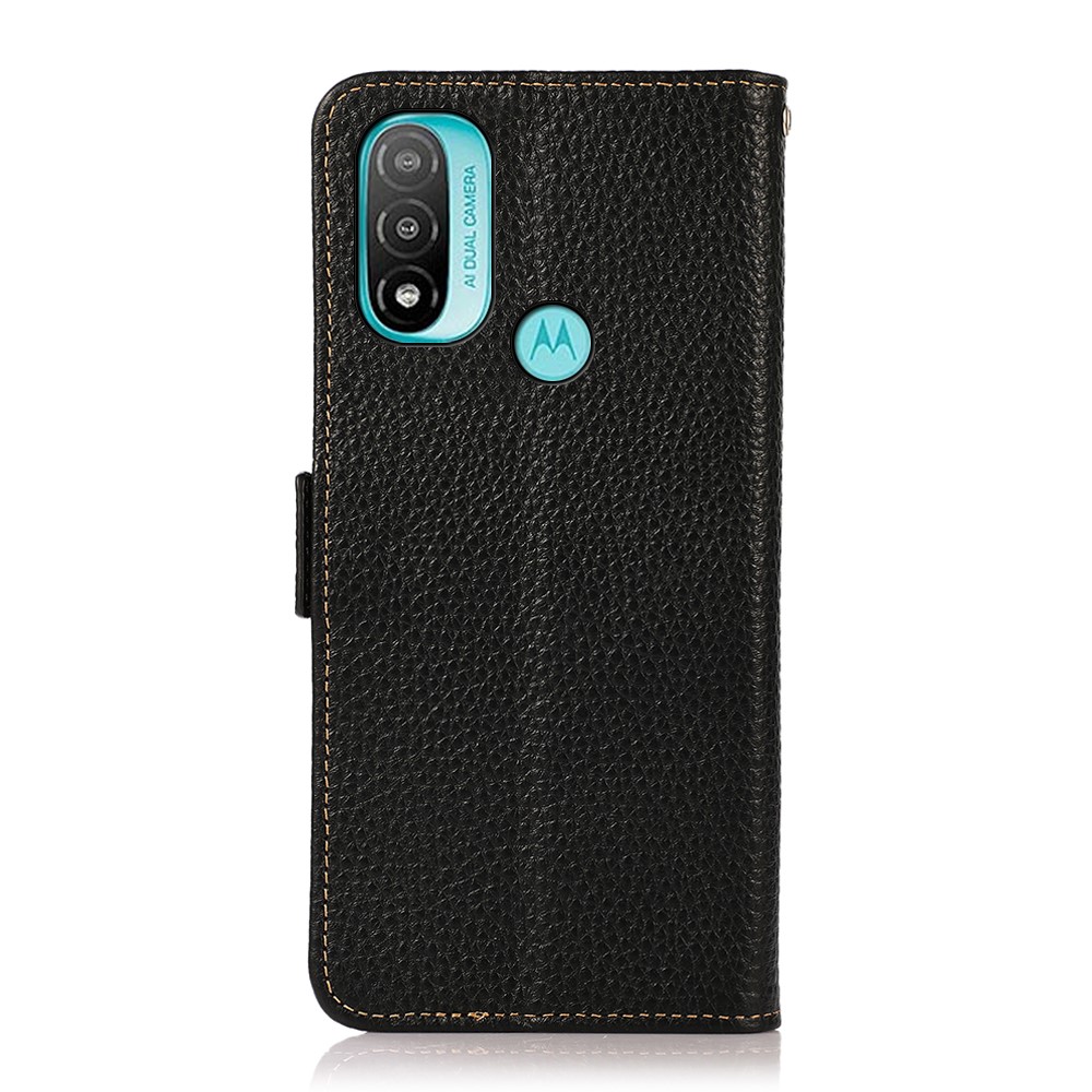 KHAZNEH Double Magnetic Clasp Litchi Texture Wallet Stand Genuine Leather Case with RFID Blocking for Motorola Moto E40/E30/E20 - Black-3