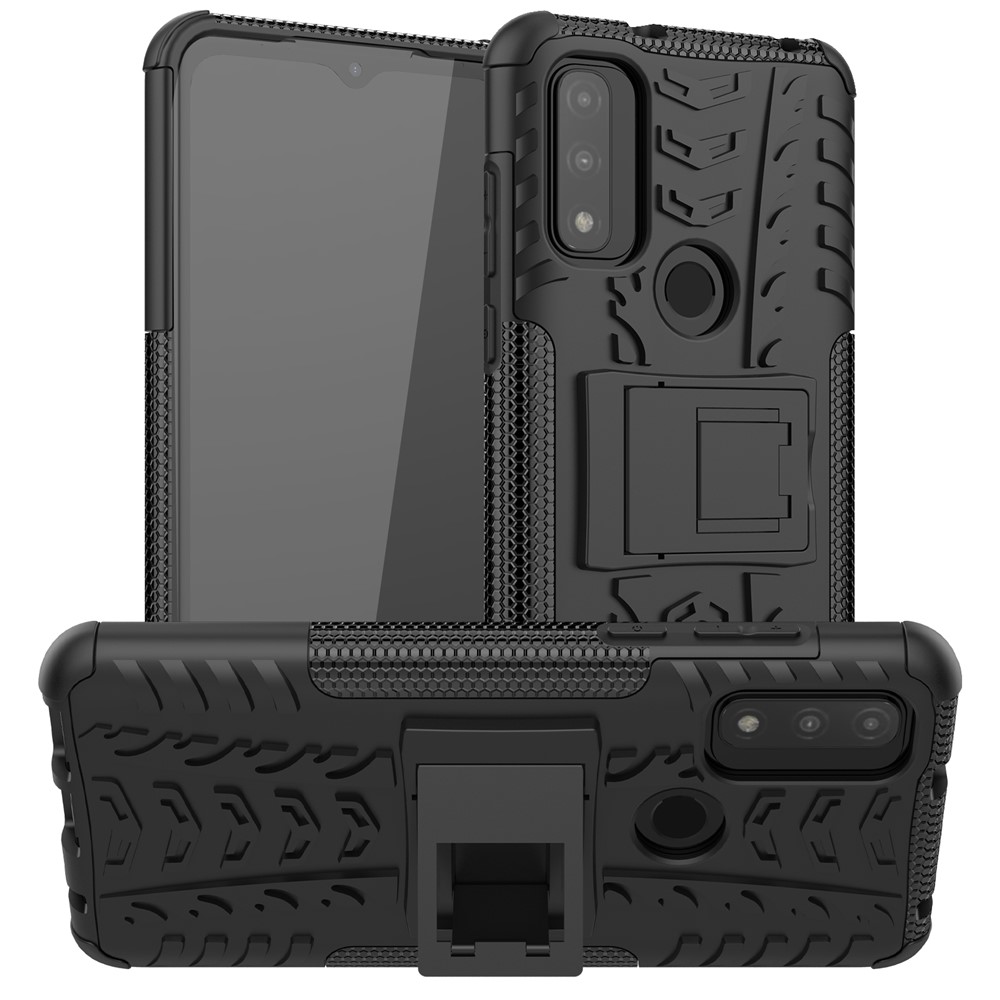 Kickstand Tire Texture Scratch-resistant Soft TPU + Hard PC Back Protective Cover Shell for Motorola G Pure - Black-1