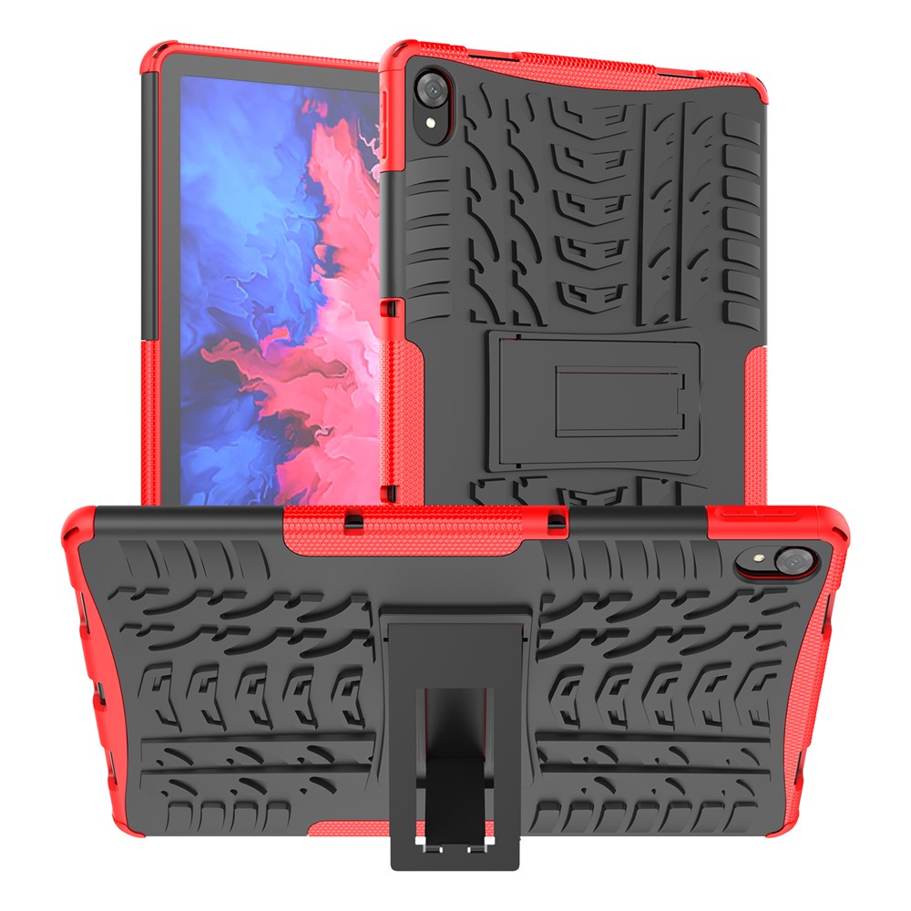 Tire Texture Kickstand Hybrid Hard PC Soft TPU Shockproof Protective Case for Lenovo Tab P11 / P11 5G - Red-1