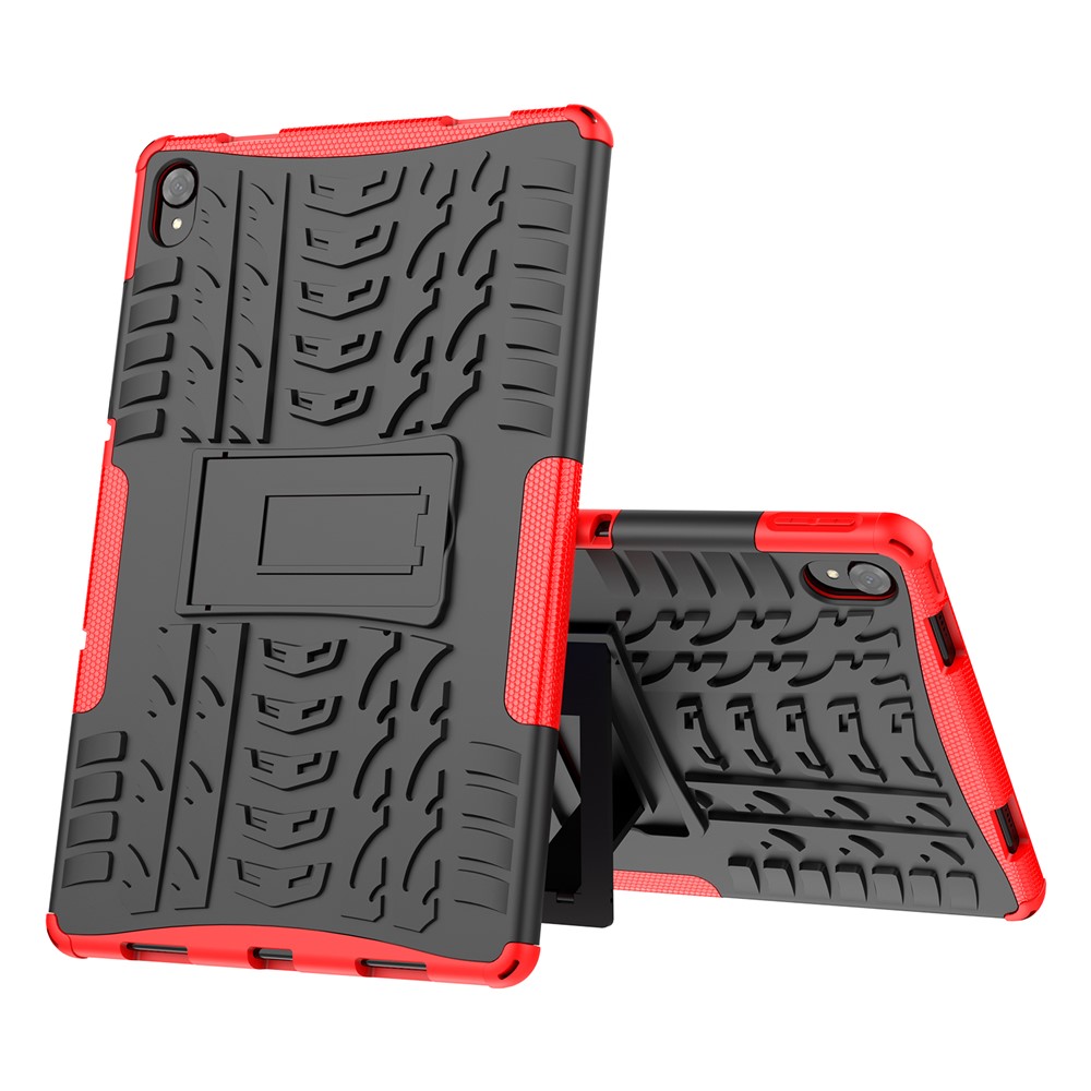 Textura de Neumáticos Kickstand Híbrida PC Hard Soft TPU Case Protector a Prueba de Choque Para Lenovo Tab P11 / P11 5G - Rojo-2