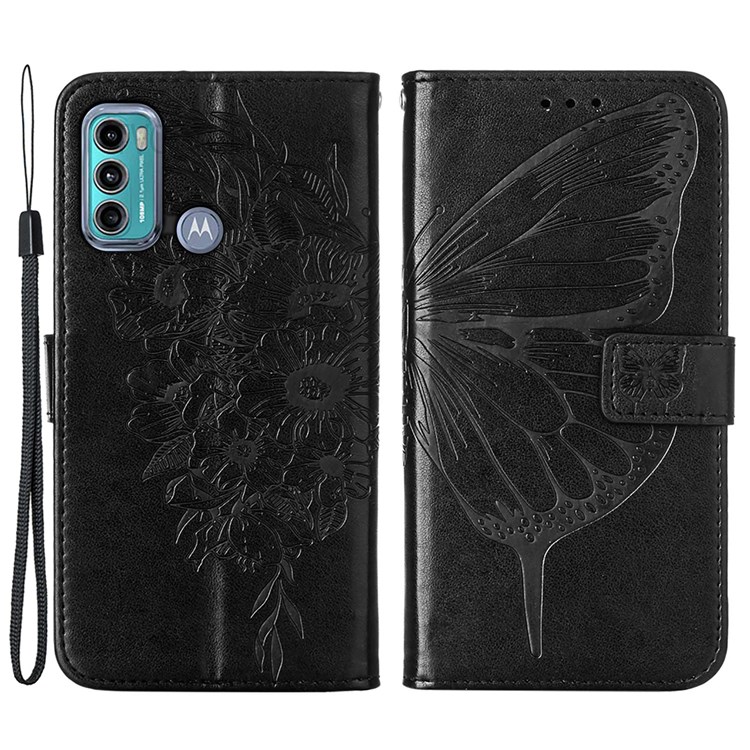 Wrist Strap Imprinted Butterfly Flower Pattern PU Leather Dual-sided Magnetic Clasp Stand Wallet Cover for Motorola Moto G40 Fusion/Moto G60 - Black-1