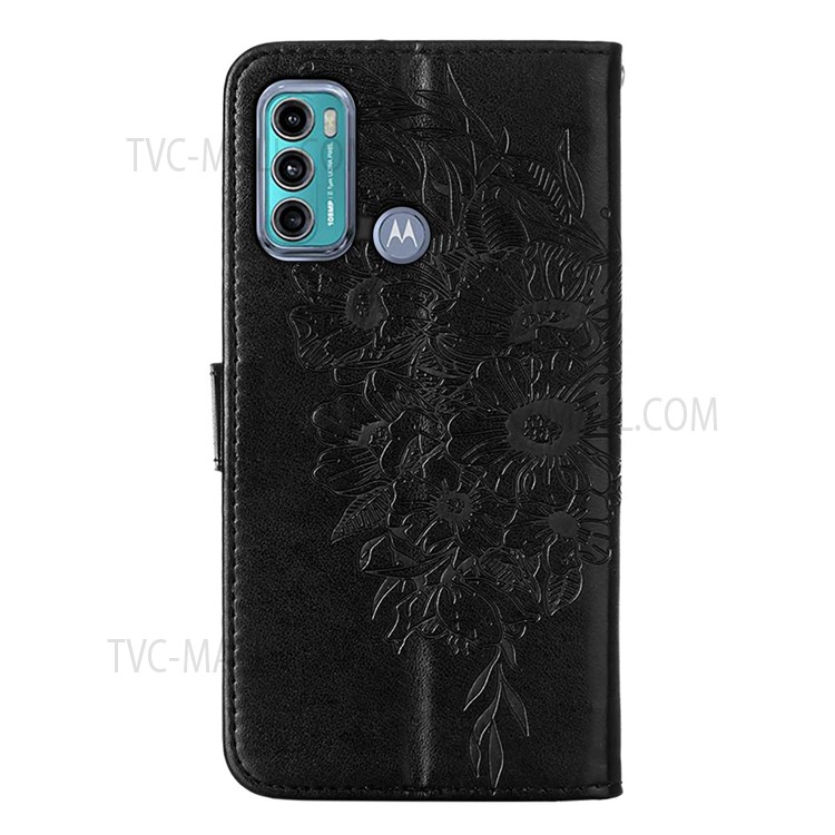 Wrist Strap Imprinted Butterfly Flower Pattern PU Leather Dual-sided Magnetic Clasp Stand Wallet Cover for Motorola Moto G40 Fusion/Moto G60 - Black-3