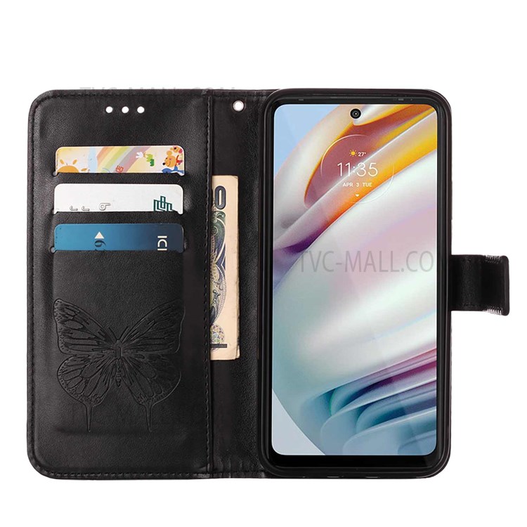 Wrist Strap Imprinted Butterfly Flower Pattern PU Leather Dual-sided Magnetic Clasp Stand Wallet Cover for Motorola Moto G40 Fusion/Moto G60 - Black-5