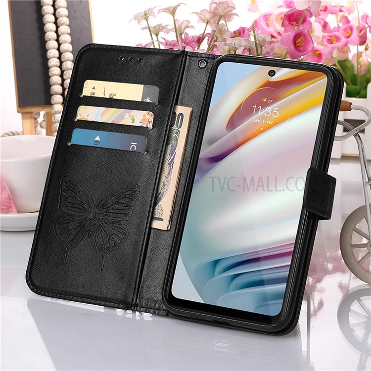 Wrist Strap Imprinted Butterfly Flower Pattern PU Leather Dual-sided Magnetic Clasp Stand Wallet Cover for Motorola Moto G40 Fusion/Moto G60 - Black-6