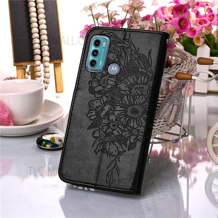 Wrist Strap Imprinted Butterfly Flower Pattern PU Leather Dual-sided Magnetic Clasp Stand Wallet Cover for Motorola Moto G40 Fusion/Moto G60 - Black-7
