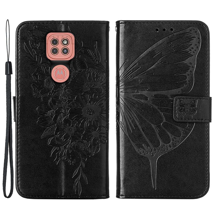 Handy Strap Imprinted Butterfly Flower Pattern PU Leather Scratch-resistant Ant-drop Stand Wallet Cover for Motorola Moto G9 (India)/G9 Play/E7 Plus - Black-1