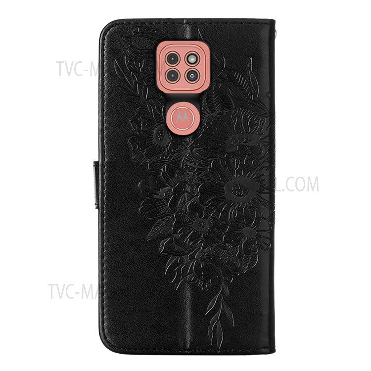 Handy Strap Imprinted Butterfly Flower Pattern PU Leather Scratch-resistant Ant-drop Stand Wallet Cover for Motorola Moto G9 (India)/G9 Play/E7 Plus - Black-3