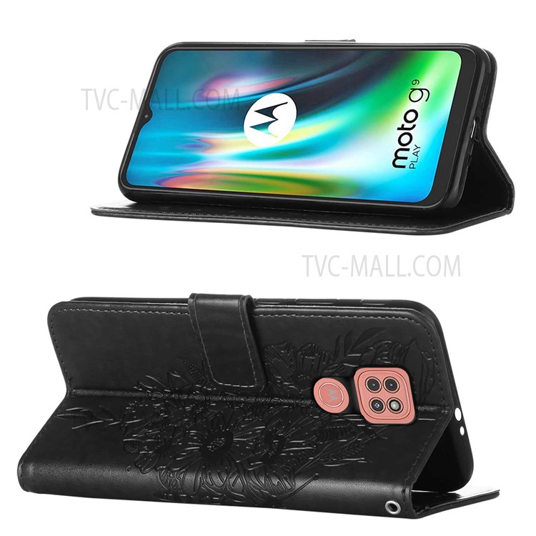Handy Strap Imprinted Butterfly Flower Pattern PU Leather Scratch-resistant Ant-drop Stand Wallet Cover for Motorola Moto G9 (India)/G9 Play/E7 Plus - Black-4