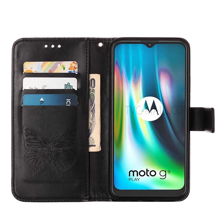 Handy Strap Imprinted Butterfly Flower Pattern PU Leather Scratch-resistant Ant-drop Stand Wallet Cover for Motorola Moto G9 (India)/G9 Play/E7 Plus - Black-5