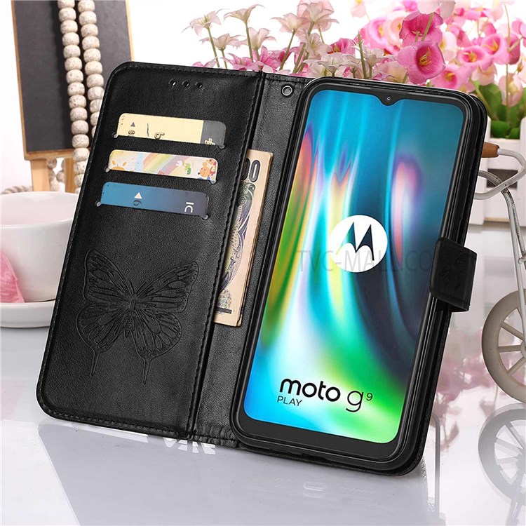Handy Strap Imprinted Butterfly Flower Pattern PU Leather Scratch-resistant Ant-drop Stand Wallet Cover for Motorola Moto G9 (India)/G9 Play/E7 Plus - Black-6