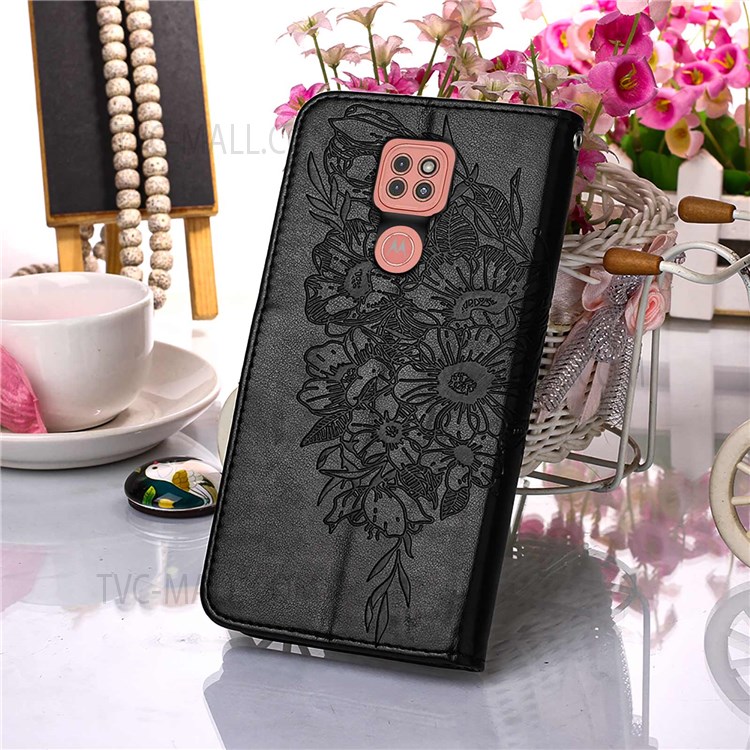 Handy Strap Imprinted Butterfly Flower Pattern PU Leather Scratch-resistant Ant-drop Stand Wallet Cover for Motorola Moto G9 (India)/G9 Play/E7 Plus - Black-7
