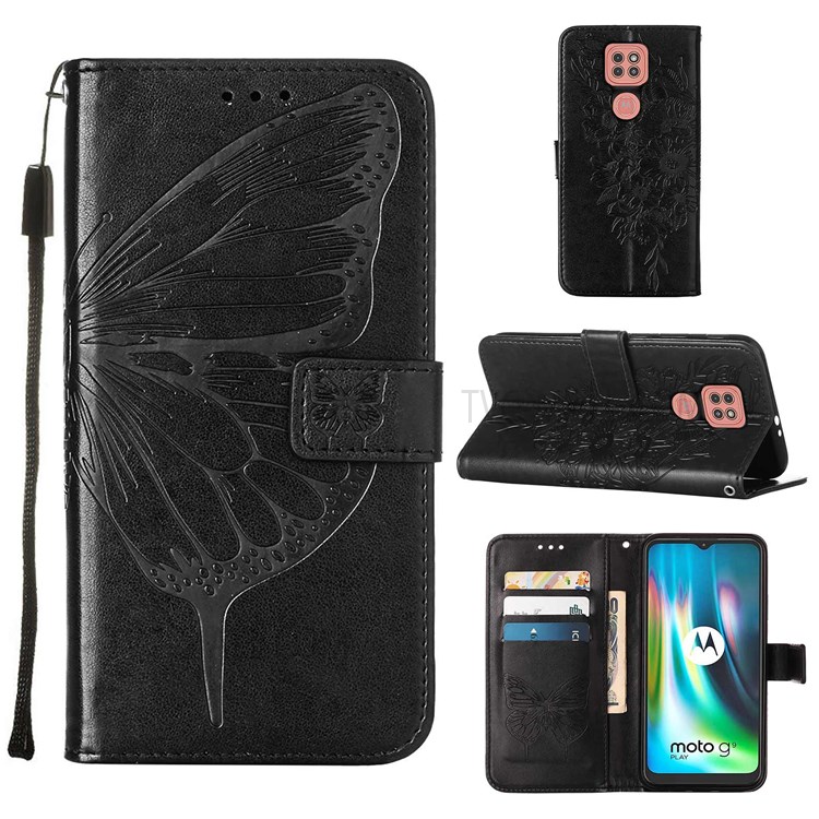 Handy Strap Imprinted Butterfly Flower Pattern PU Leather Scratch-resistant Ant-drop Stand Wallet Cover for Motorola Moto G9 (India)/G9 Play/E7 Plus - Black-9