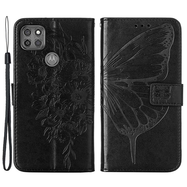 Handy Strap Imprinted Butterfly Flower Pattern PU Leather Full Protection Stand Wallet Cover Shell for Motorola Moto G9 Power - Black-1