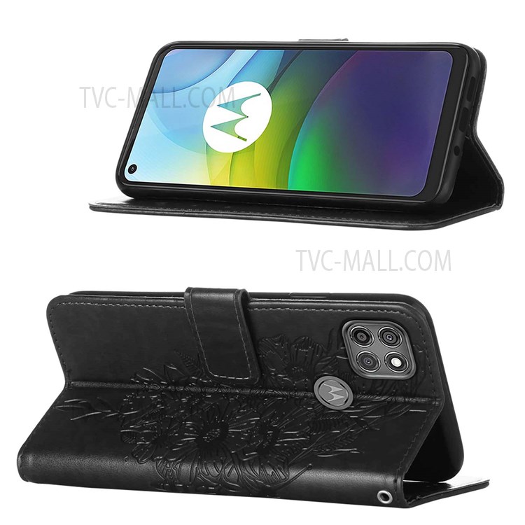 Handy Strap Imprinted Butterfly Flower Pattern PU Leather Full Protection Stand Wallet Cover Shell for Motorola Moto G9 Power - Black-4