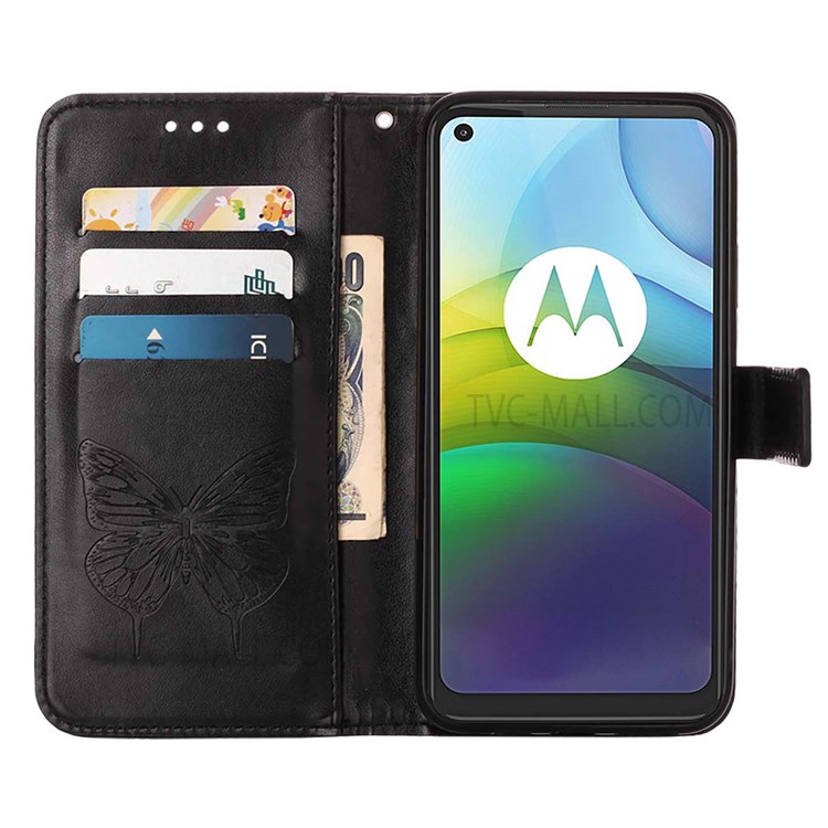 Handy Strap Imprinted Butterfly Flower Pattern PU Leather Full Protection Stand Wallet Cover Shell for Motorola Moto G9 Power - Black-5