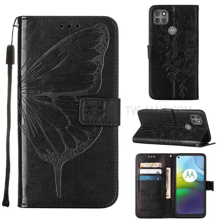 Handy Strap Imprinted Butterfly Flower Pattern PU Leather Full Protection Stand Wallet Cover Shell for Motorola Moto G9 Power - Black-9