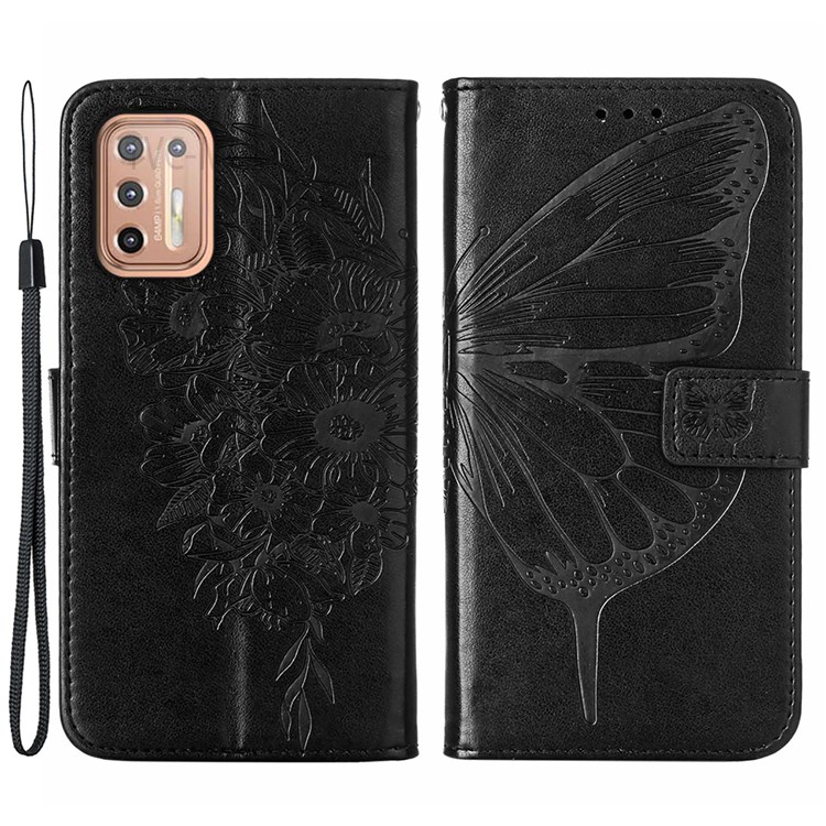Handy Strap Anti-fall Anti-shock Imprinted Butterfly Flower Pattern PU Leather Wallet Cover Shell with Stand for Motorola Moto G9 Plus - Black-1