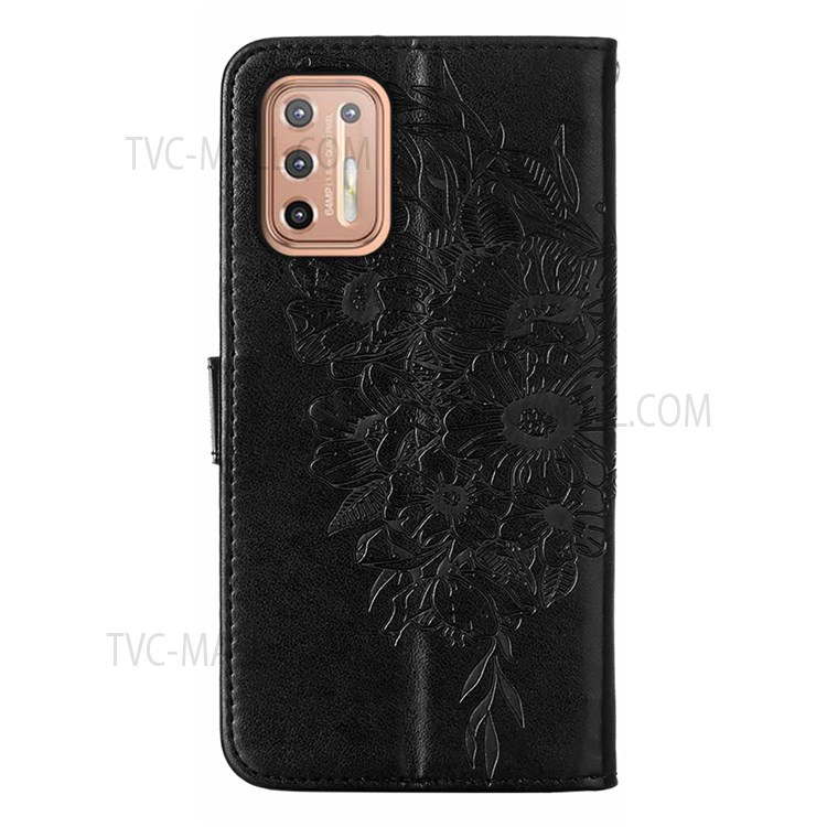 Handy Strap Anti-fall Anti-shock Imprinted Butterfly Flower Pattern PU Leather Wallet Cover Shell with Stand for Motorola Moto G9 Plus - Black-3