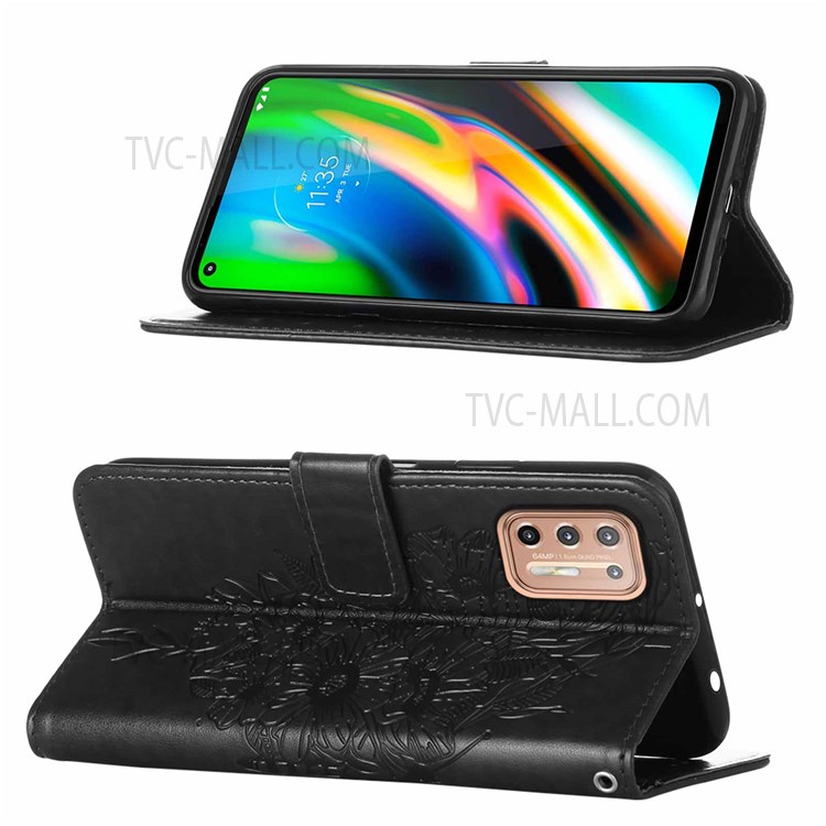 Handy Strap Anti-fall Anti-shock Imprinted Butterfly Flower Pattern PU Leather Wallet Cover Shell with Stand for Motorola Moto G9 Plus - Black-4