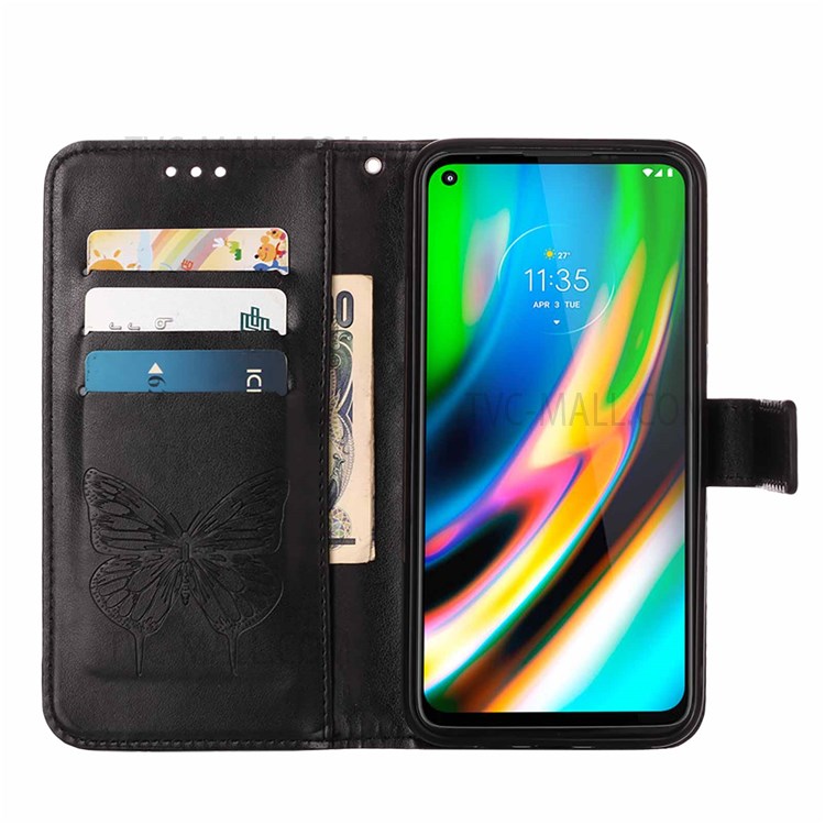 Handy Strap Anti-fall Anti-shock Imprinted Butterfly Flower Pattern PU Leather Wallet Cover Shell with Stand for Motorola Moto G9 Plus - Black-5