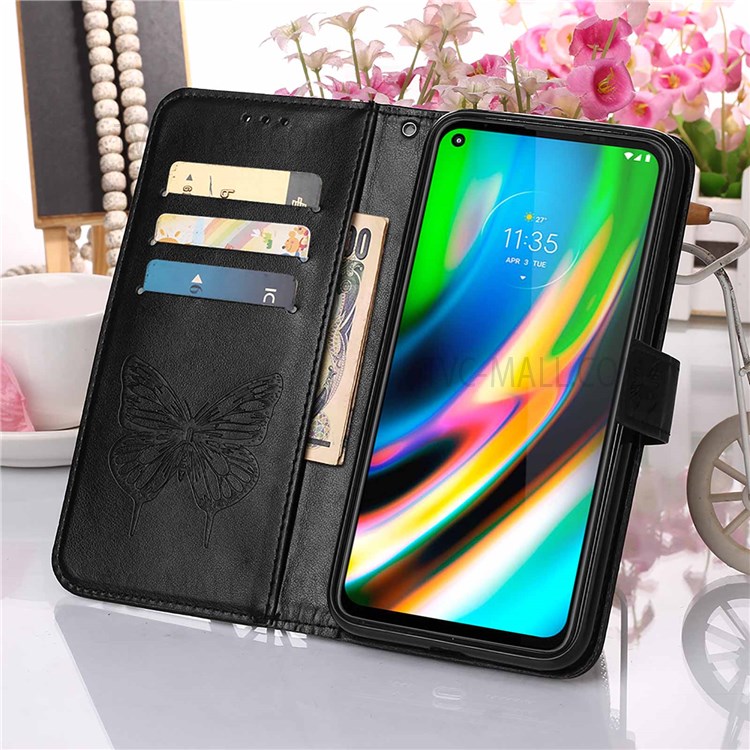 Handy Strap Anti-fall Anti-shock Imprinted Butterfly Flower Pattern PU Leather Wallet Cover Shell with Stand for Motorola Moto G9 Plus - Black-6