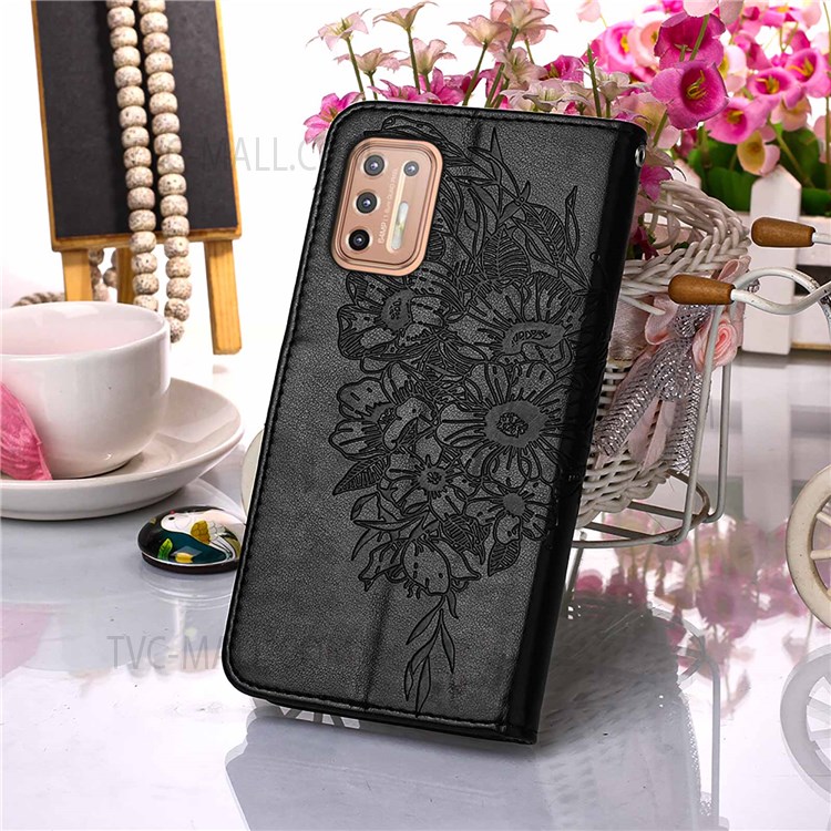 Handy Strap Anti-fall Anti-shock Imprinted Butterfly Flower Pattern PU Leather Wallet Cover Shell with Stand for Motorola Moto G9 Plus - Black-7