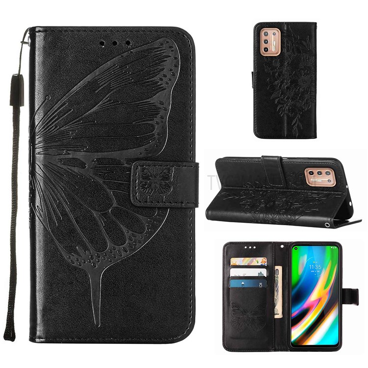Handy Strap Anti-fall Anti-shock Imprinted Butterfly Flower Pattern PU Leather Wallet Cover Shell with Stand for Motorola Moto G9 Plus - Black-9