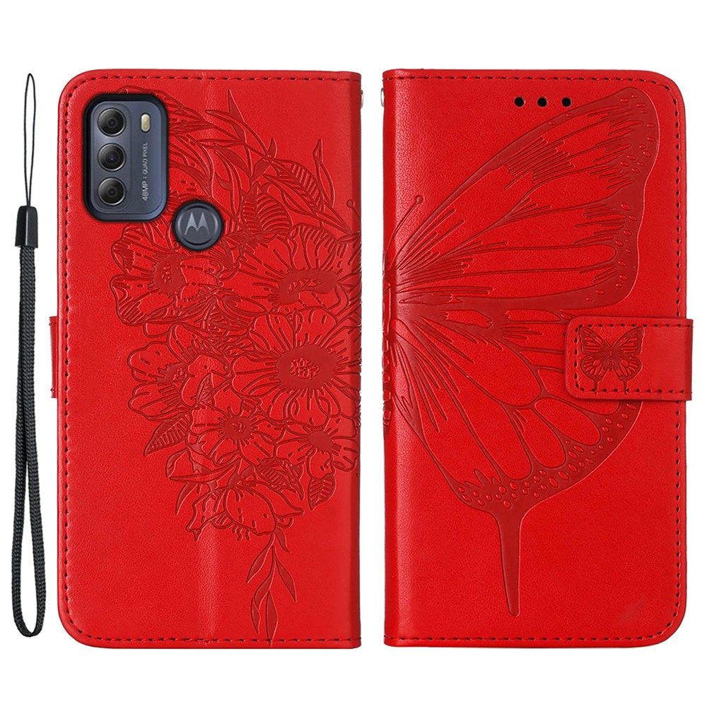 Phone Cover Butterfly Flower Imprinted Well-protected Anti-fall Leather Stand Wallet Cover for Motorola Moto G50S 5G - Red-1